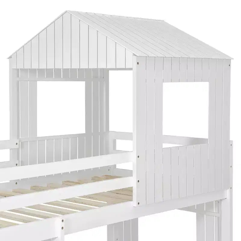 Bellemave Lit Superposé en Bois Twin-Full, Lit Mezzanine avec Aire de Jeu, Style Ferme, Échelle et Garde-corps, Blanc