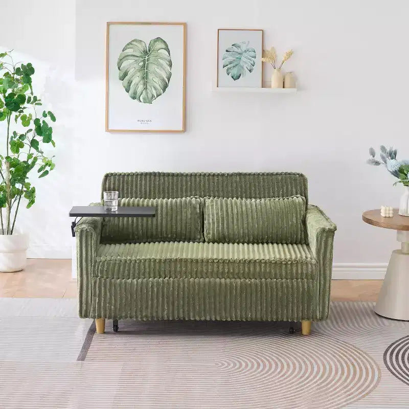 MAYEERTY The Pull Out Corduroy Sofa with Dual Functions Movable Tabletop for Living Room Bedroom Green