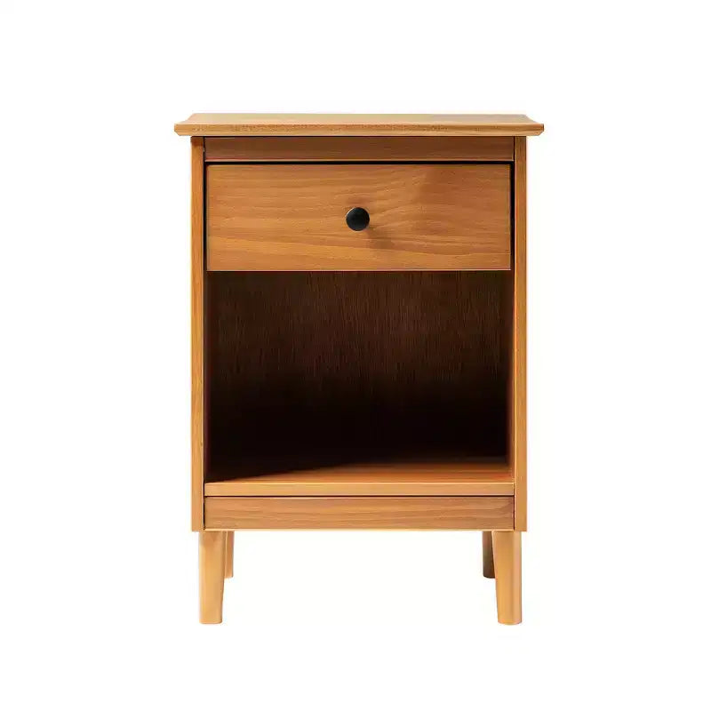 Table de chevet classique en bois massif à 1 tiroir avec niche – Caramel