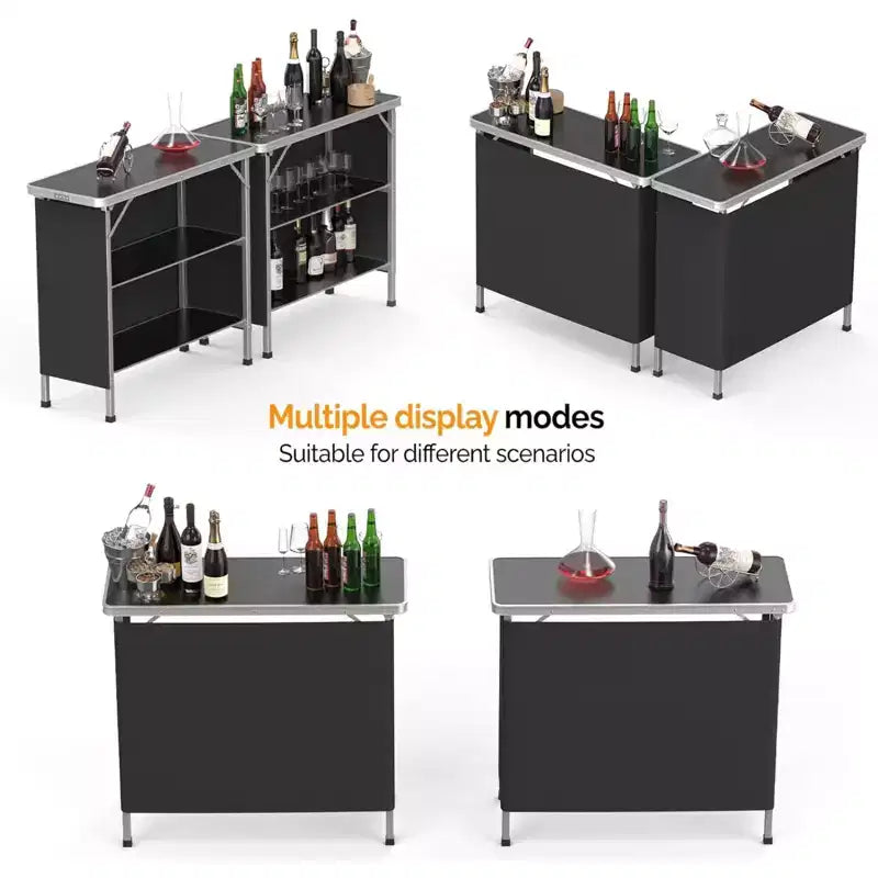 VINGLI Table de bar portable, 2 étagères, table de bar mobile pour événements, fêtes, camping, pique-niques, salons professionnels, intérieur avec jupe noire, 39 L x 34 H