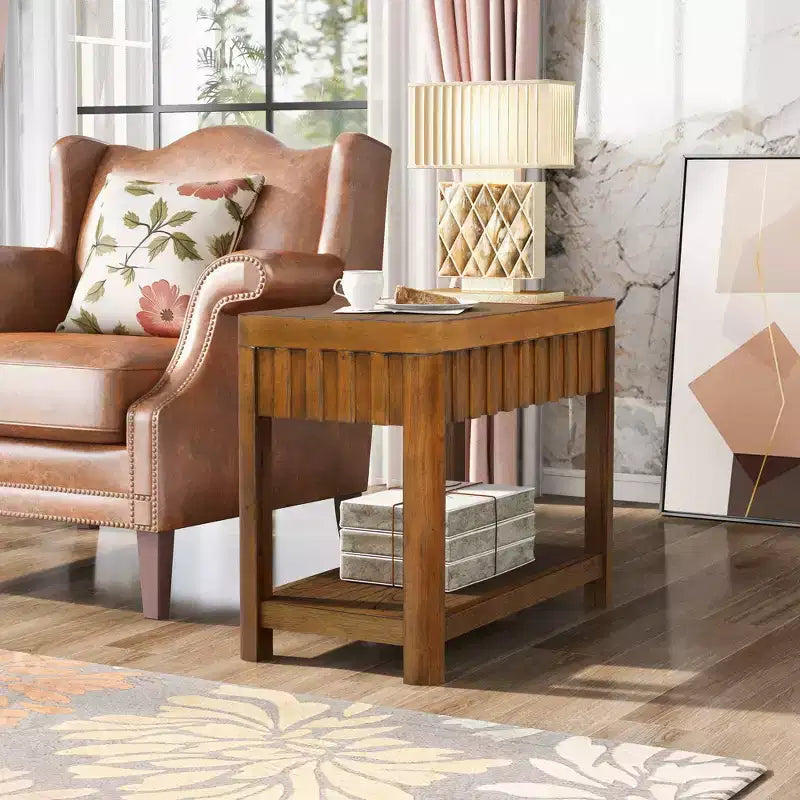 Okak Farmhouse – Table d'appoint rectangulaire avec étagère de rangement inférieure, table d'appoint en bois avec plateau épais, petite table pour salon, bureau, noyer