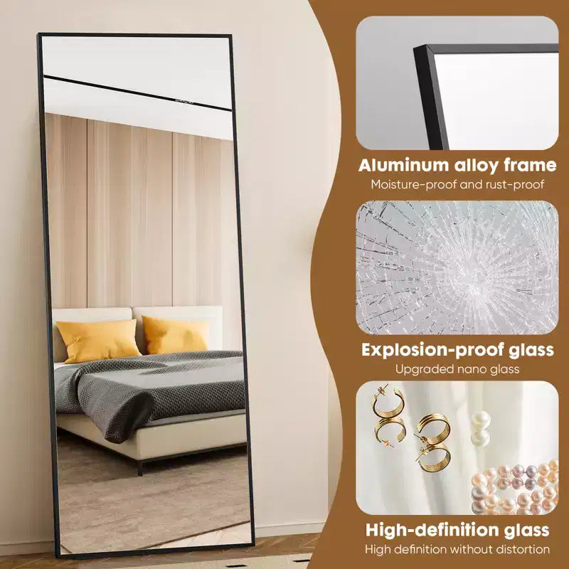 Bestier Full Length Mirror with Stand, 71 Floor Mirror with Aluminum Alloy Frame, Free Standing or Wall-Mounted Full Body Mirrors for Living Room