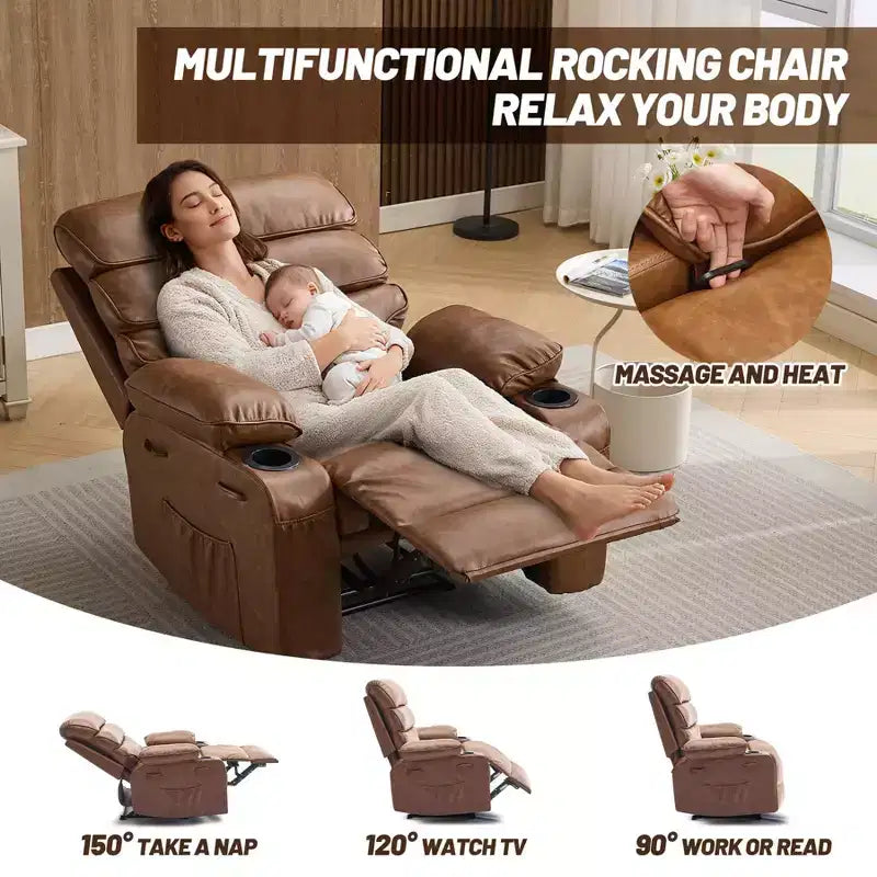 Fauteuil inclinable manuel extra large en cuir PU pour adultes, accoudoirs et dossier confortables avec éponge 1,5X, pour salon, chambre à coucher