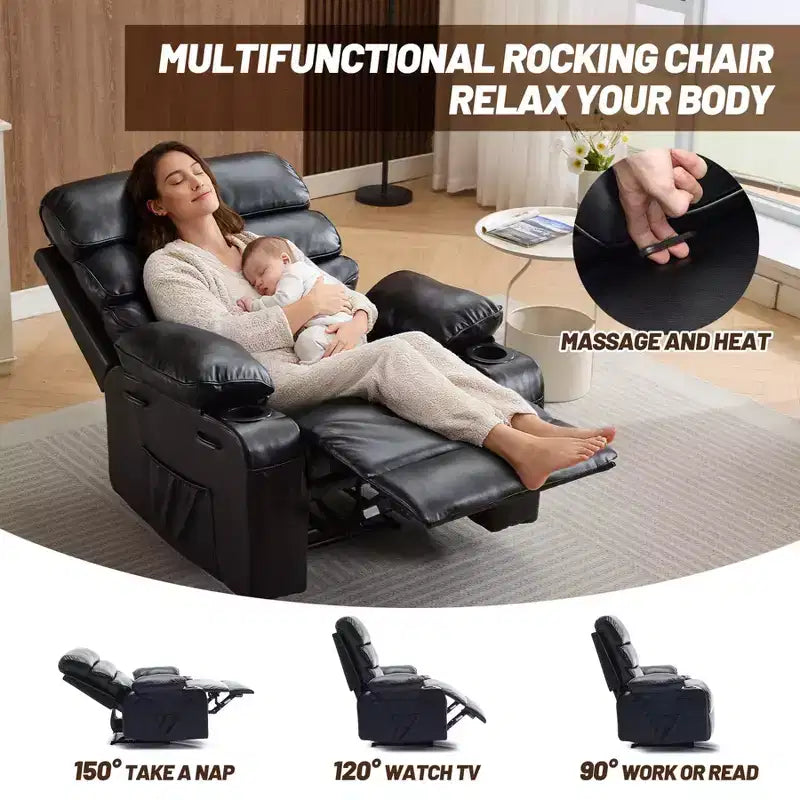 Fauteuil inclinable manuel extra large en cuir PU pour adultes, accoudoirs et dossier confortables avec éponge 1,5X, pour salon, chambre à coucher