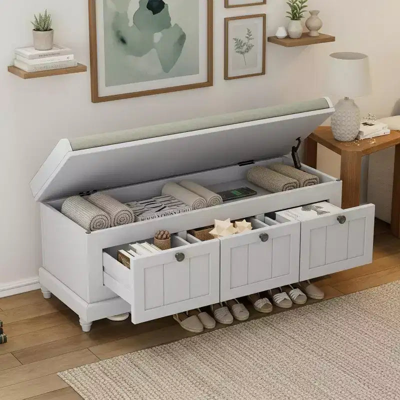 Banc à chaussures classique Polibi pour entrée avec dessus rembourré et trois tiroirs