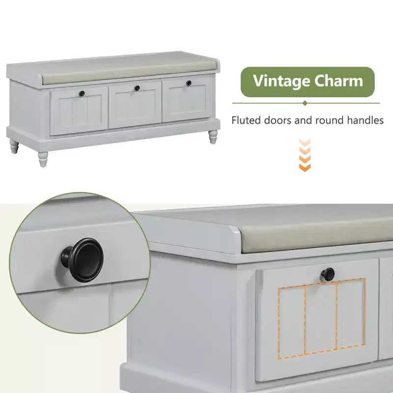 Banc à chaussures classique Polibi pour entrée avec dessus rembourré et trois tiroirs