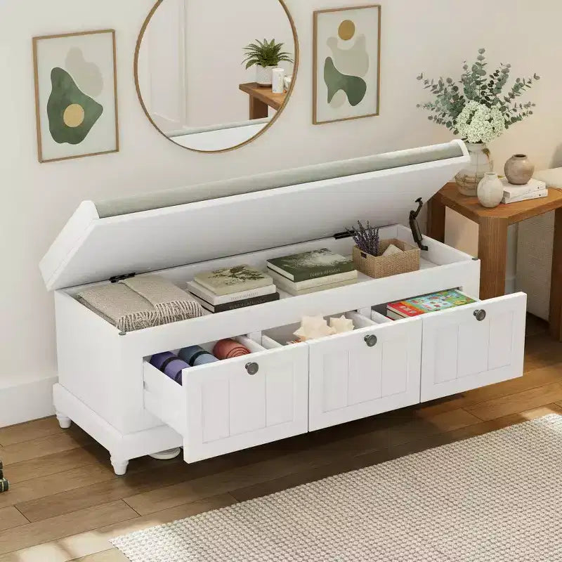 Banc à chaussures classique Polibi pour entrée avec dessus rembourré et trois tiroirs