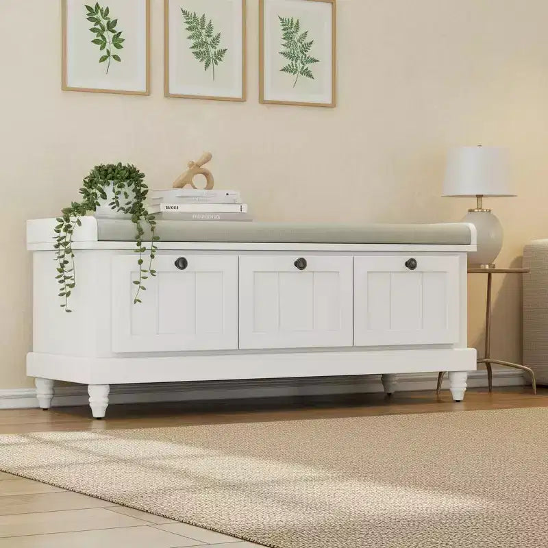 Banc à chaussures classique Polibi pour entrée avec dessus rembourré et trois tiroirs