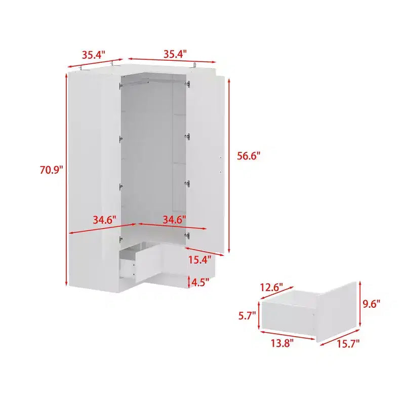 Famapy Armoire d'angle moderne avec deux tringles de suspension et tiroirs, construction robuste, solution de rangement peu encombrante pour chambre à coucher et au-delà