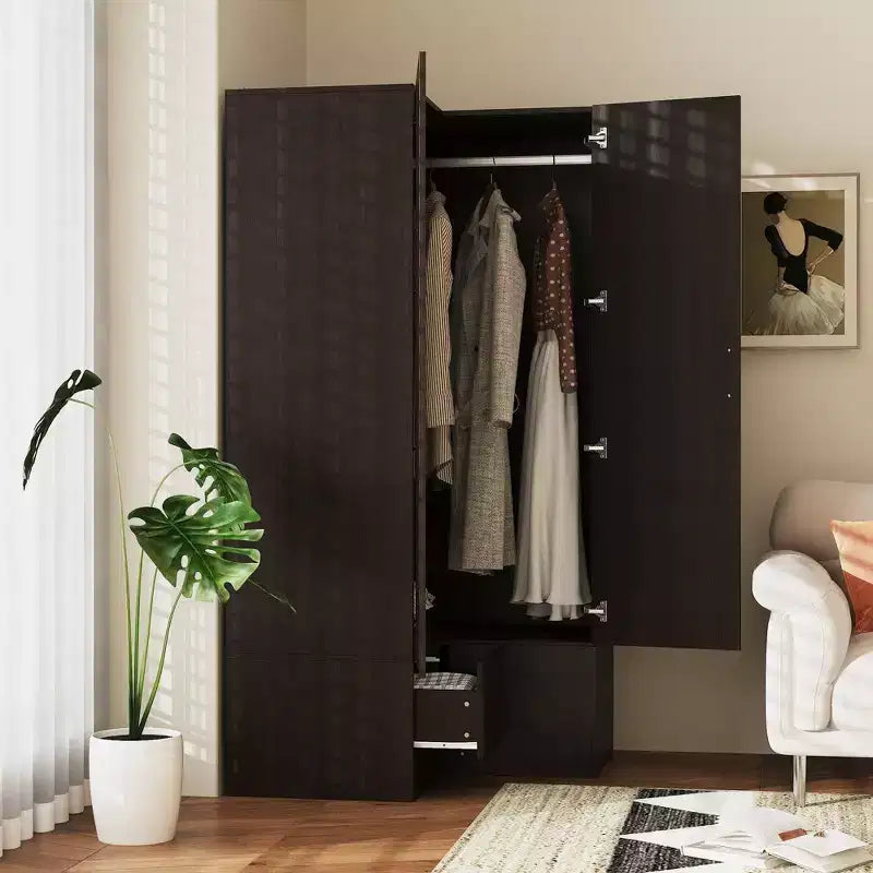 Famapy Armoire d'angle moderne avec deux tringles de suspension et tiroirs, construction robuste, solution de rangement peu encombrante pour chambre à coucher et au-delà
