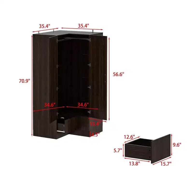 Famapy Armoire d'angle moderne avec deux tringles de suspension et tiroirs, construction robuste, solution de rangement peu encombrante pour chambre à coucher et au-delà