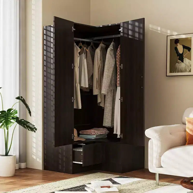 Famapy Armoire d'angle moderne avec deux tringles de suspension et tiroirs, construction robuste, solution de rangement peu encombrante pour chambre à coucher et au-delà