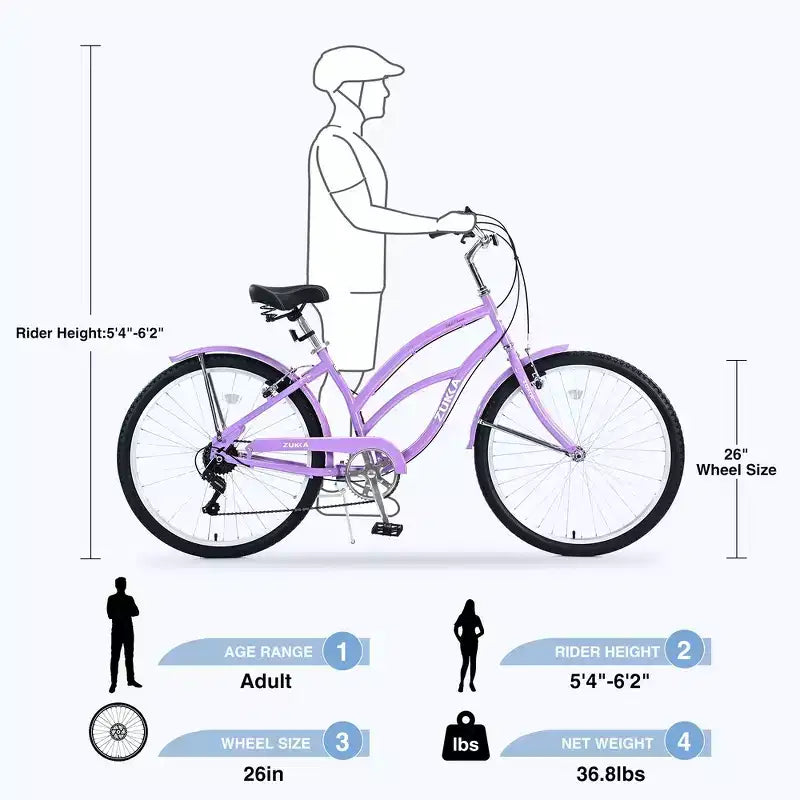 Whisen 26 Adultes Femmes Vélos de Plein Air, Vélo de Plage avec Cadre en Acier et Cadre Bas Incliné, 7 Vitesses