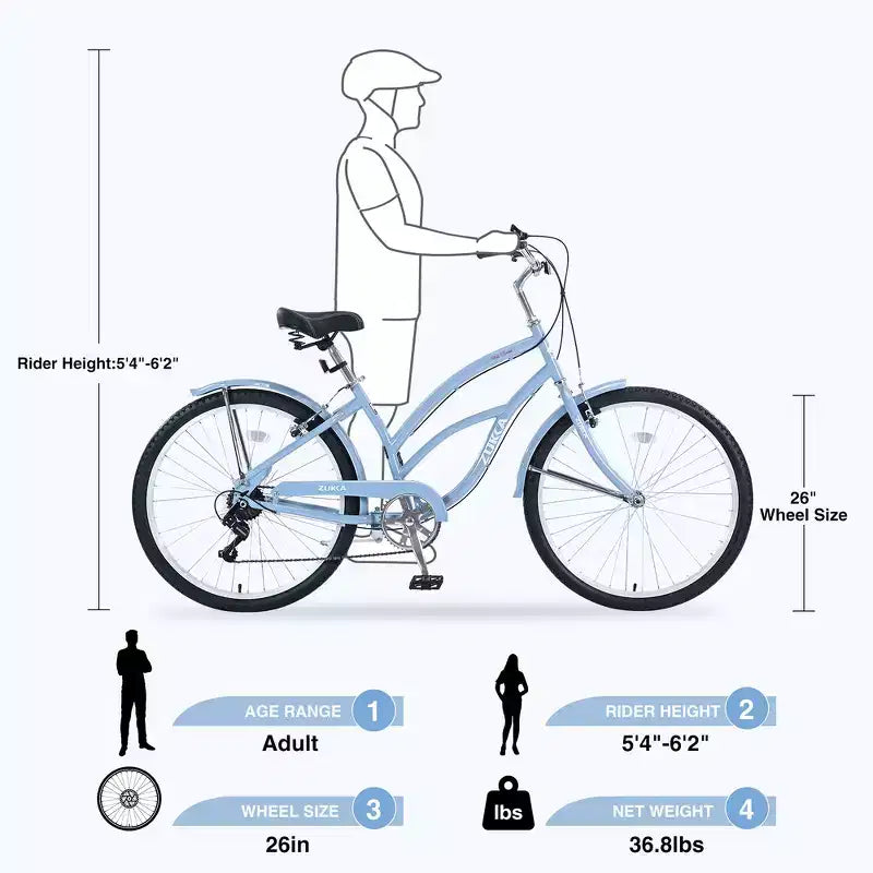 Whisen 26 Adultes Femmes Vélos de Plein Air, Vélo de Plage avec Cadre en Acier et Cadre Bas Incliné, 7 Vitesses