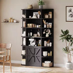 Bibliothèque haute de 75", 6 niveaux avec placard, étagère en bois ouverte avec étagères réglables, étagère de rangement verticale pour bureau, salon