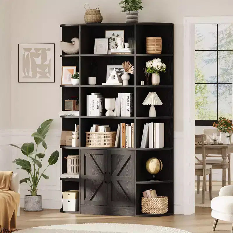 Bibliothèque haute de 75", 6 niveaux avec placard, étagère en bois ouverte avec étagères réglables, étagère de rangement verticale pour bureau, salon
