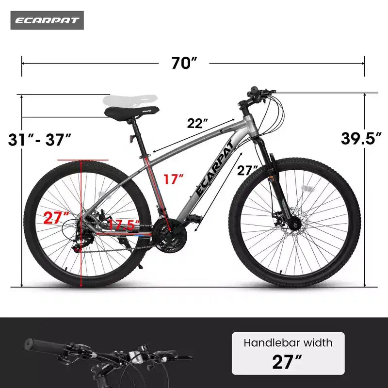 Whisen VTT 27 pouces 21 vitesses, fourche à suspension, cadre en aluminium, frein à disque - Gris
