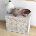 Commode 3 tiroirs en acrylique blanc et miroir à motif losanges