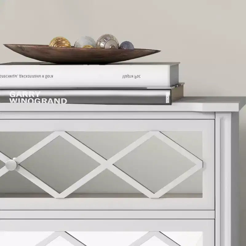 Commode 3 tiroirs en acrylique blanc et miroir à motif losanges