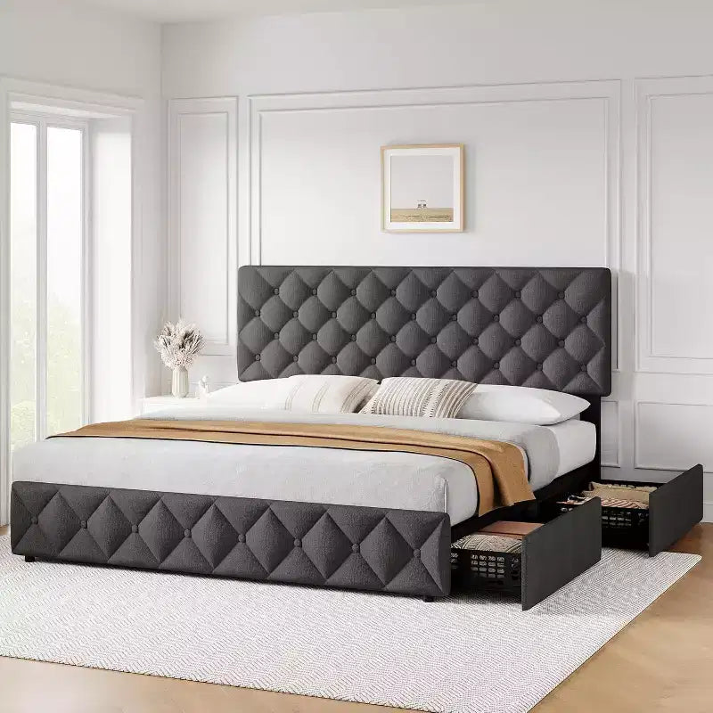Lit plateforme avec tête de lit élégante et stylée, 4 tiroirs de rangement, sommier tapissier non requis, montage facile, support robuste