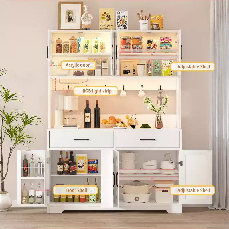 Armoire de rangement Dyonery blanche minimaliste, avec portes vitrées, comprenant 8 zones de rangement spacieuses et 2 tiroirs.