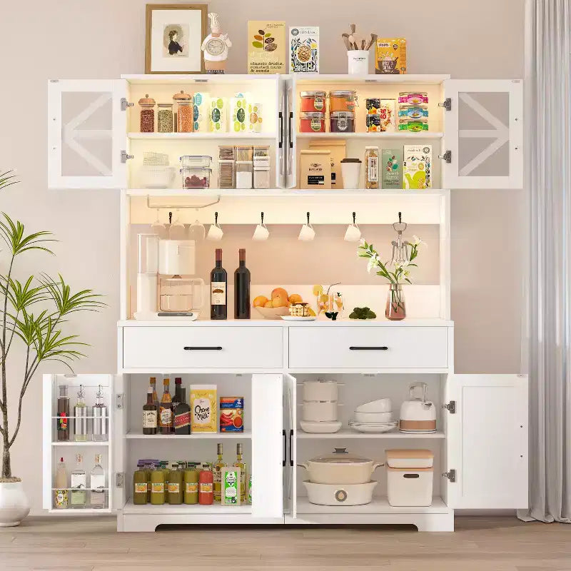 Armoire de rangement Dyonery blanche minimaliste, avec portes vitrées, comprenant 8 zones de rangement spacieuses et 2 tiroirs.