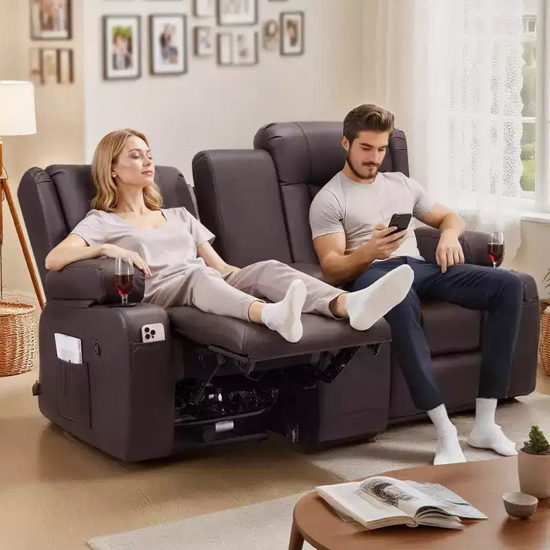 Canapé inclinable VEVOR Loveseat, canapé inclinable manuel avec console centrale, canapé inclinable en similicuir PU avec ports USB, porte-gobelets, marron
