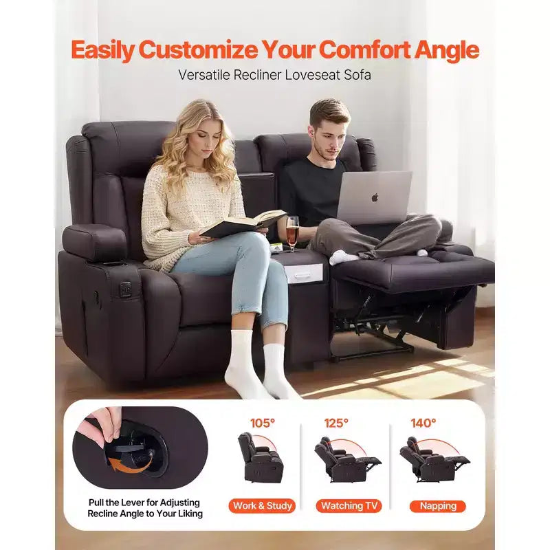 Canapé inclinable VEVOR Loveseat, canapé inclinable manuel avec console centrale, canapé inclinable en similicuir PU avec ports USB, porte-gobelets, marron