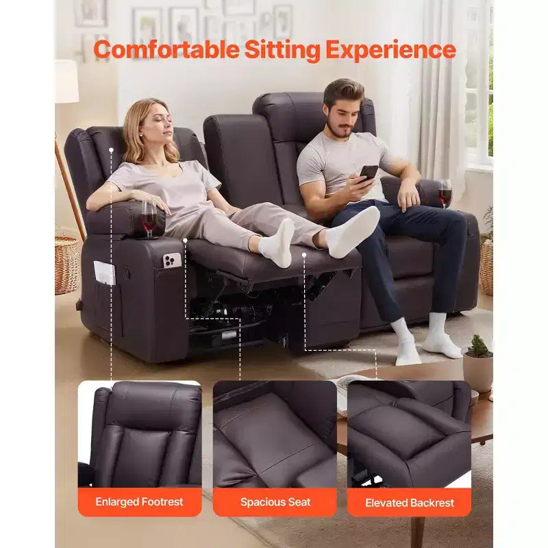 Canapé inclinable VEVOR Loveseat, canapé inclinable manuel avec console centrale, canapé inclinable en similicuir PU avec ports USB, porte-gobelets, marron