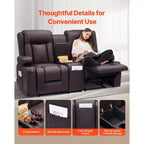Canapé inclinable VEVOR Loveseat, canapé inclinable manuel avec console centrale, canapé inclinable en similicuir PU avec ports USB, porte-gobelets, marron