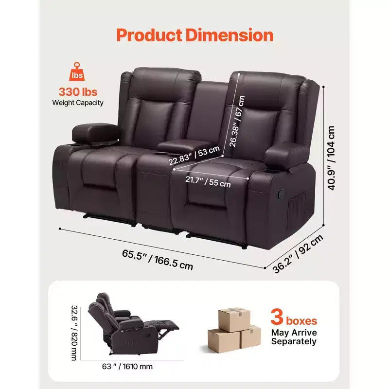 Canapé inclinable VEVOR Loveseat, canapé inclinable manuel avec console centrale, canapé inclinable en similicuir PU avec ports USB, porte-gobelets, marron