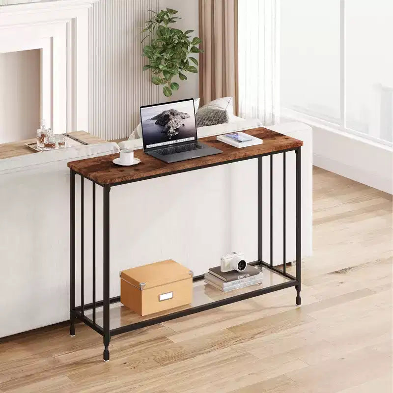 Table console mince COZONY avec étagère de style rustique à 2 niveaux et cadre métallique, table de canapé étroite avec rangement pour entrée, salon, couloir