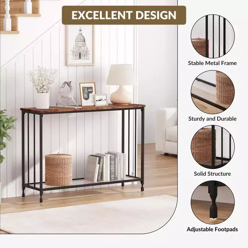 Table console mince COZONY avec étagère de style rustique à 2 niveaux et cadre métallique, table de canapé étroite avec rangement pour entrée, salon, couloir