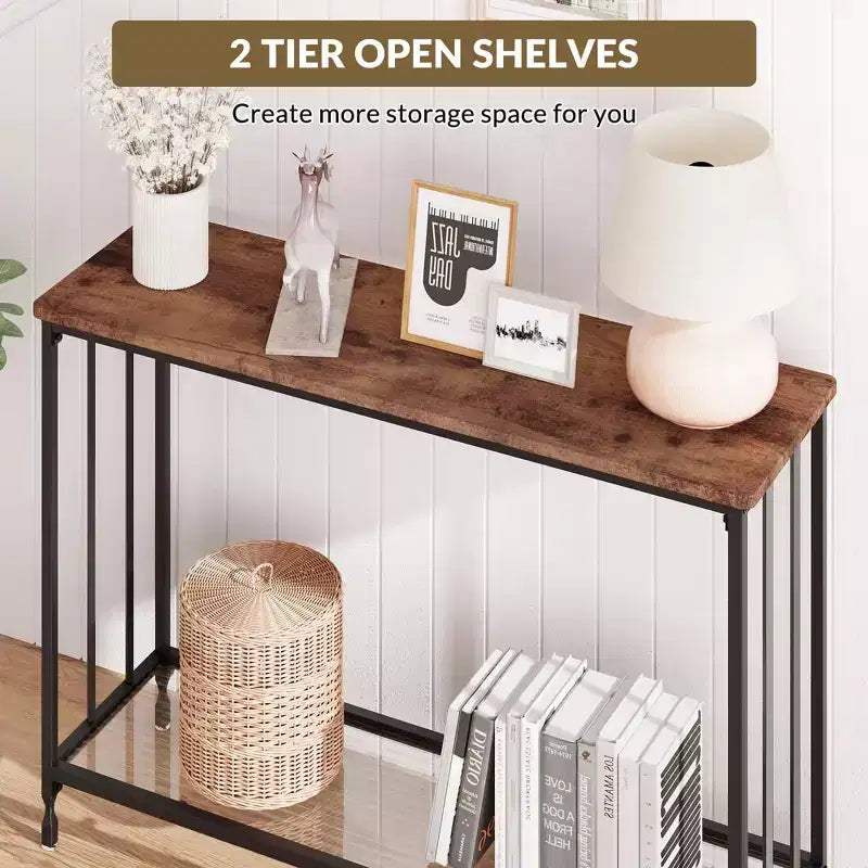 Table console mince COZONY avec étagère de style rustique à 2 niveaux et cadre métallique, table de canapé étroite avec rangement pour entrée, salon, couloir