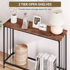 Table console mince COZONY avec étagère de style rustique à 2 niveaux et cadre métallique, table de canapé étroite avec rangement pour entrée, salon, couloir