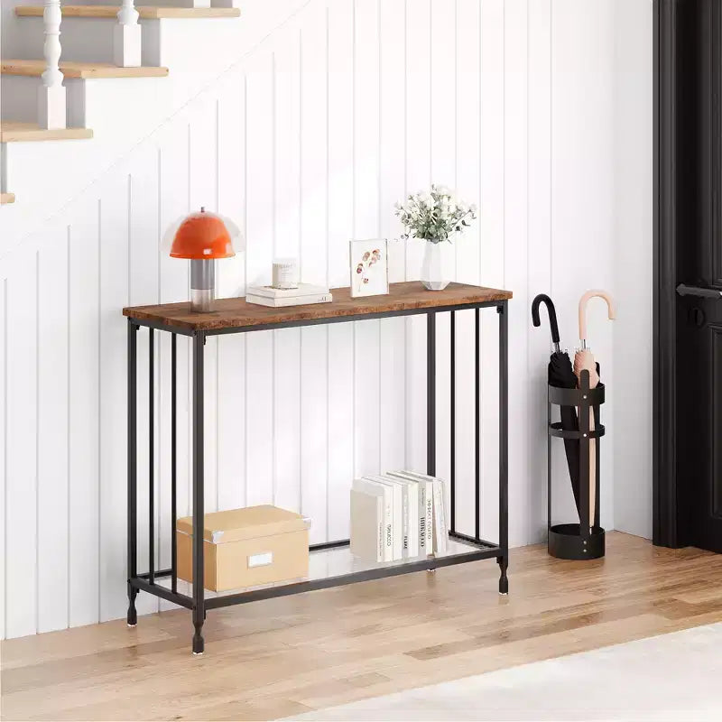 Table console mince COZONY avec étagère de style rustique à 2 niveaux et cadre métallique, table de canapé étroite avec rangement pour entrée, salon, couloir