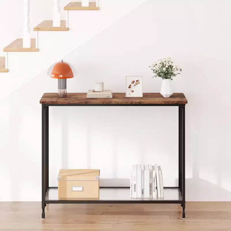 Table console mince COZONY avec étagère de style rustique à 2 niveaux et cadre métallique, table de canapé étroite avec rangement pour entrée, salon, couloir