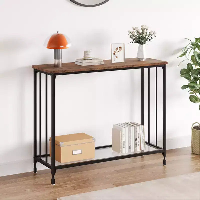 COZONY Slim Console Table 2-Tier Farmhouse Shelf with Metal Frame, Narrow Sofa Table with Storage for Entryway, Living Room, Hallway