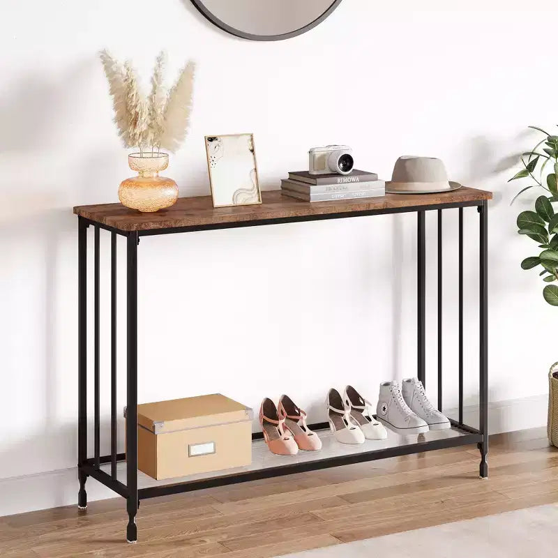 Table console mince COZONY avec étagère de style rustique à 2 niveaux et cadre métallique, table de canapé étroite avec rangement pour entrée, salon, couloir