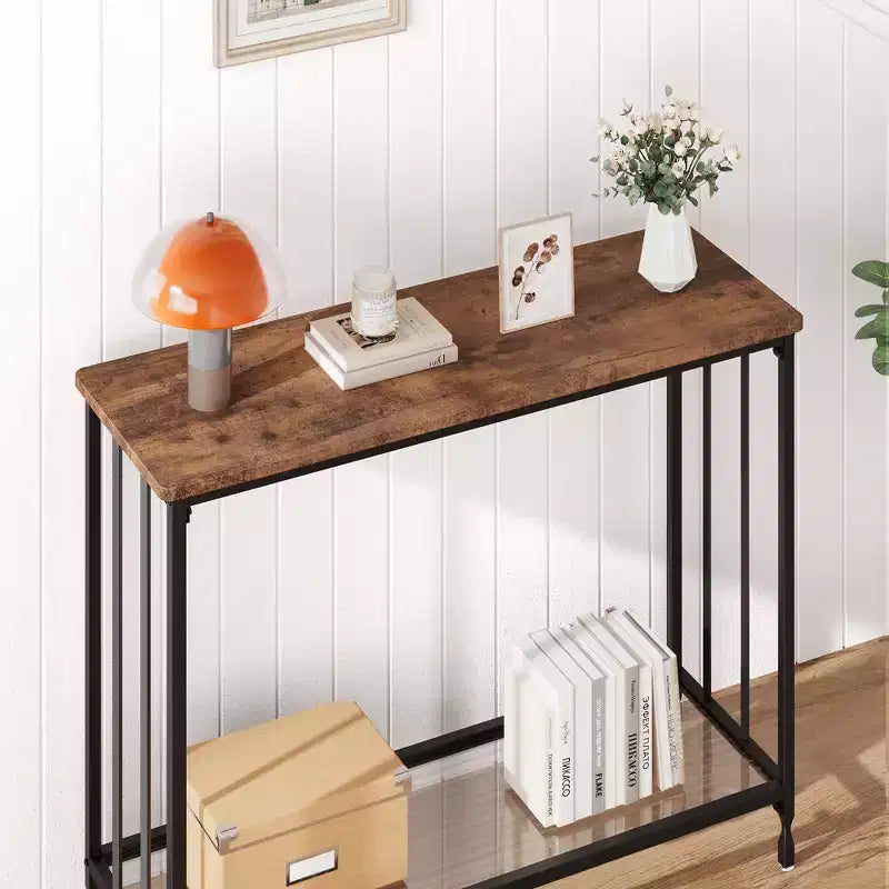 Table console mince COZONY avec étagère de style rustique à 2 niveaux et cadre métallique, table de canapé étroite avec rangement pour entrée, salon, couloir