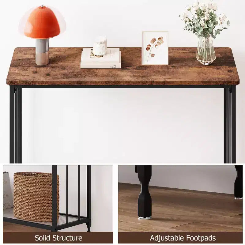 Table console mince COZONY avec étagère de style rustique à 2 niveaux et cadre métallique, table de canapé étroite avec rangement pour entrée, salon, couloir