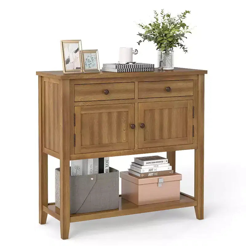 Costway Mid-Century Console Table with 2 Drawers, 2 Cabinets & Bottom Shelf for Hallway