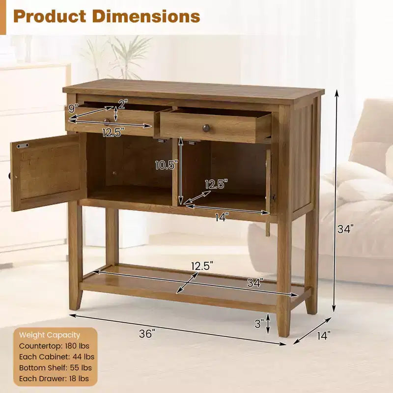 Costway Mid-Century Console Table with 2 Drawers, 2 Cabinets & Bottom Shelf for Hallway