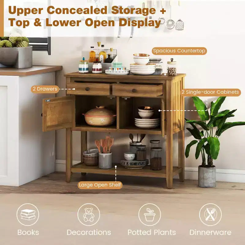 Costway Mid-Century Console Table with 2 Drawers, 2 Cabinets & Bottom Shelf for Hallway