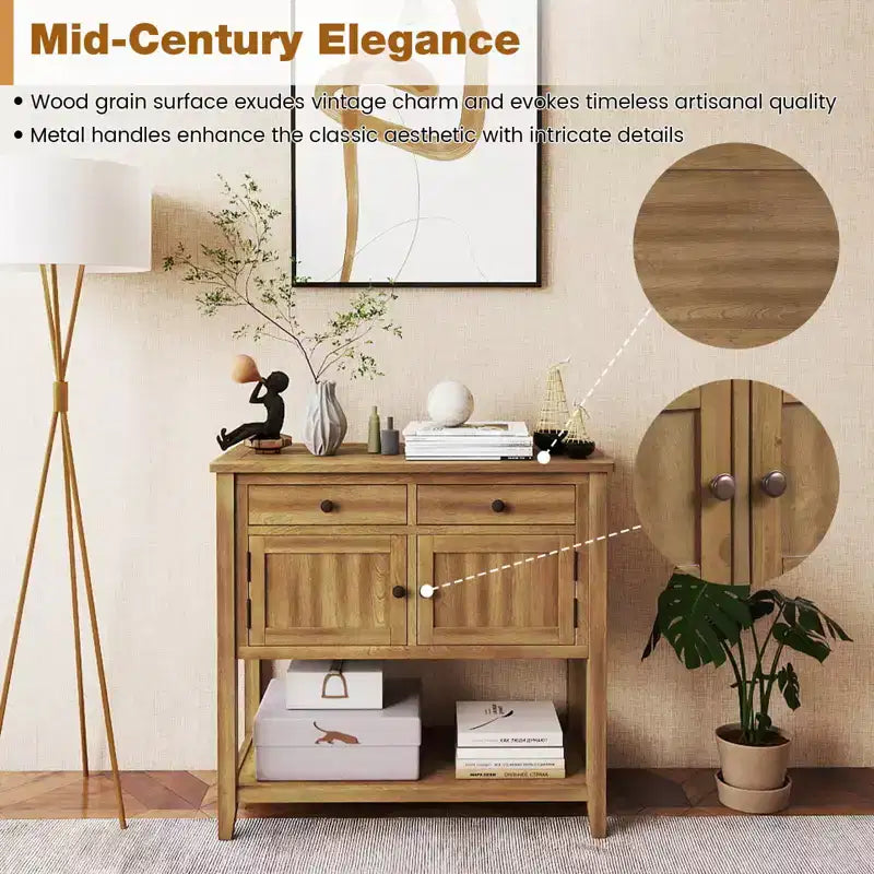 Costway Mid-Century Console Table with 2 Drawers, 2 Cabinets & Bottom Shelf for Hallway