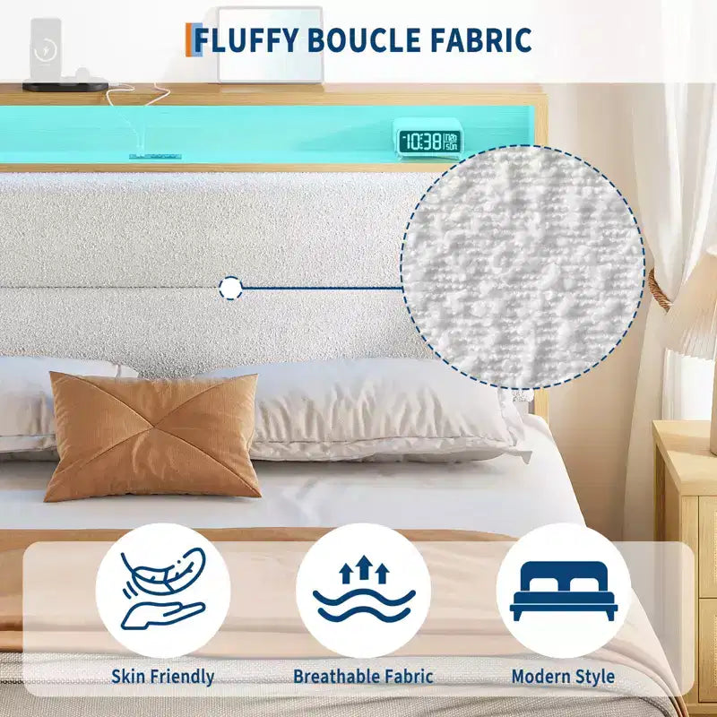 Cadre de lit, cadre de lit circulaire en tissu avec lumières LED, tête de lit rembourrée avec station de recharge intégrée, matelas à ressorts non requis