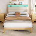 Bed frame, circular fabric platform bed frame with LED lights, upholstered headboard with built-in charging station, no spring mattress required
