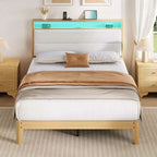 Cadre de lit, cadre de lit circulaire en tissu avec lumières LED, tête de lit rembourrée avec station de recharge intégrée, matelas à ressorts non requis