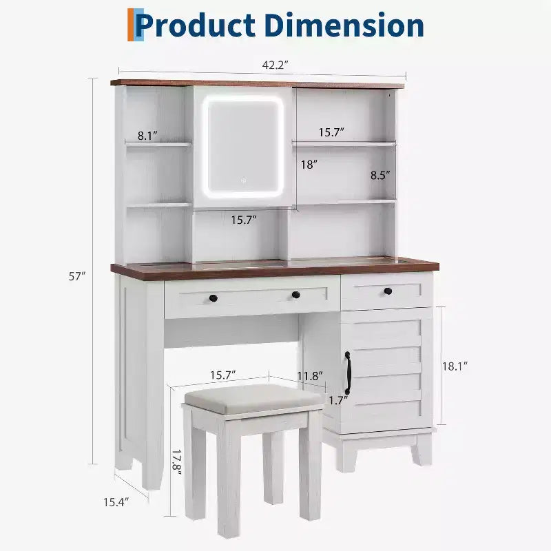 Makeup Vanity Desk,Makeup Vanity with Mirror and Lights & Power Outlet, Makeup Table with 2 Drawers, Cushioned Stool, Dressing Table with Glass Top