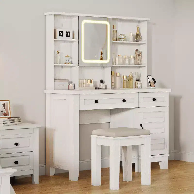 Makeup Vanity Desk,Makeup Vanity with Mirror and Lights & Power Outlet, Makeup Table with 2 Drawers, Cushioned Stool, Dressing Table with Glass Top